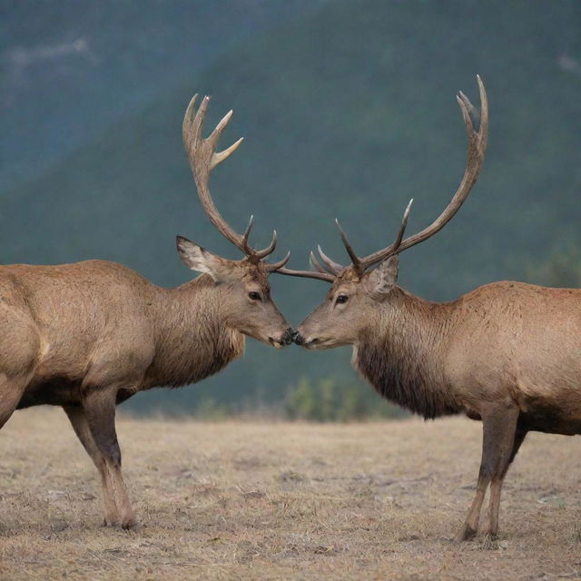 A fiercely aggressive deer, antlers poised for battle, locked in a non-violent confrontation with an equally menacing mountain cat, both displaying an impressive show of strength and resolve in the midst of a tense standoff.