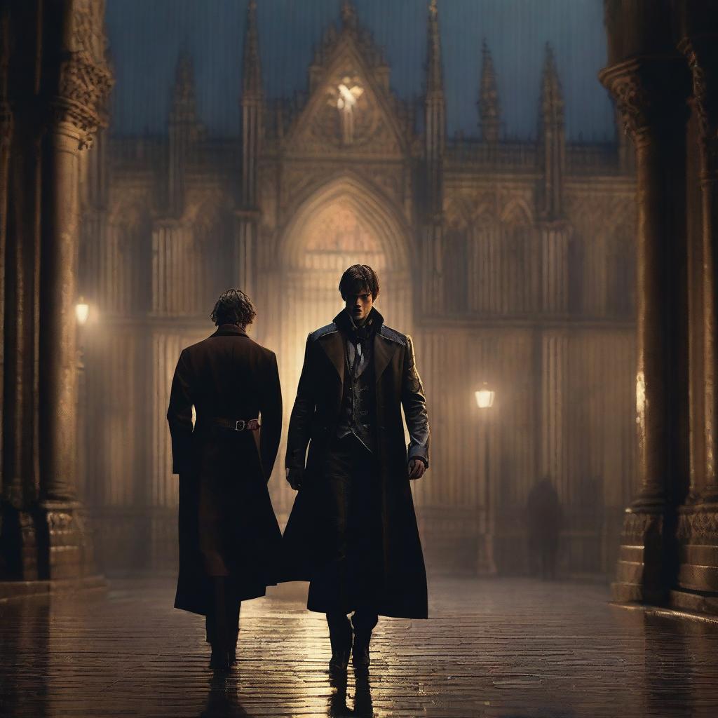 A brown-haired prince entering a gothic church in the rain, with a blonde duke following closely behind him