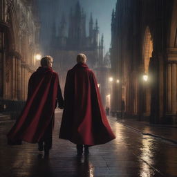 A young brown-haired prince, wearing a red cloak, entering a gothic church in the rain