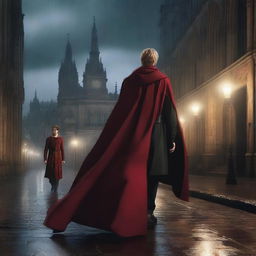 A young brown-haired prince, wearing a red cloak, entering a gothic church in the rain