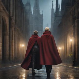 A young brown-haired prince, wearing a red cloak, entering a gothic church in the rain