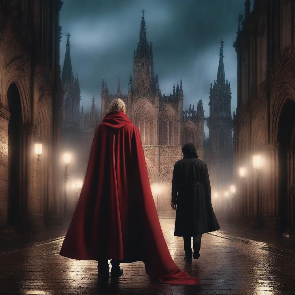 A young brown-haired prince, wearing a red cloak, entering a gothic church in the rain