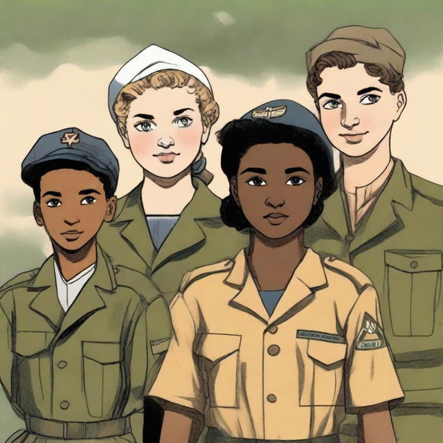 An illustration of four young characters from the World War II Allies