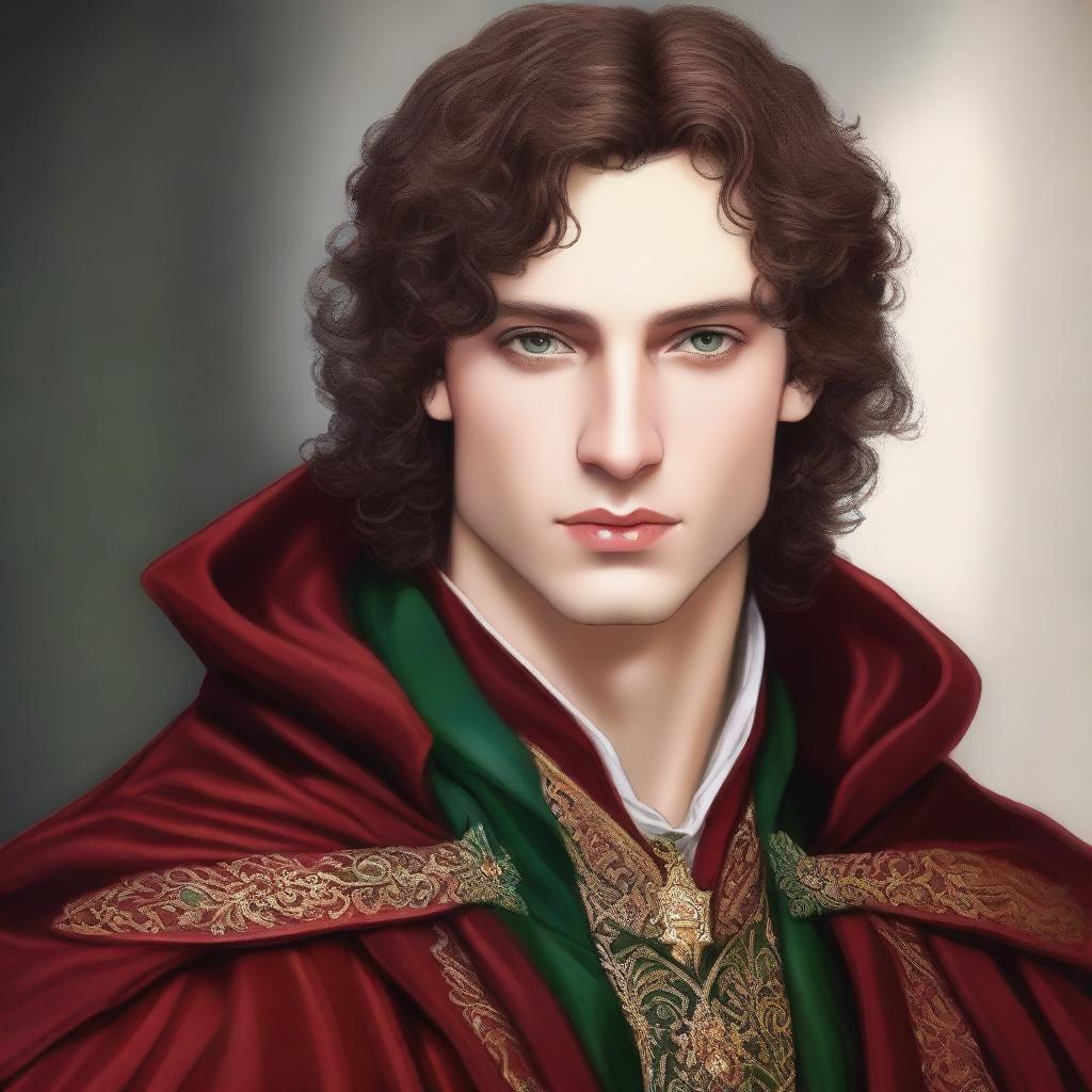 A prince with curly brown hair, wearing a royal red cloak