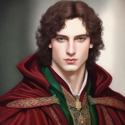 A prince with curly brown hair, wearing a royal red cloak