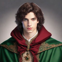 A prince with curly brown hair, wearing a royal red cloak