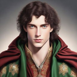 A prince with curly brown hair, wearing a royal red cloak