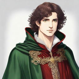 A prince with curly brown hair, wearing a royal red cloak