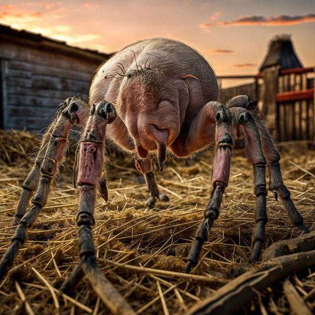 A high-definition farm pig with eight spider legs in the style of award-winning National Geographic photography, set in a typical farm setting with natural lighting and lifelike details