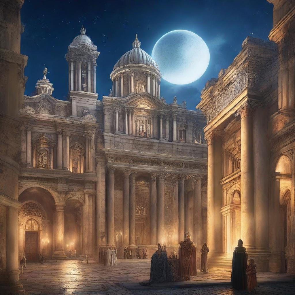 A stunning high fantasy renaissance city featuring grand Roman architecture, illuminated under the night sky