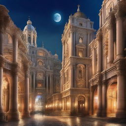 A stunning high fantasy renaissance city featuring grand Roman architecture, illuminated under the night sky