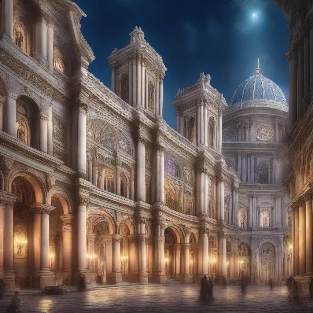 A stunning high fantasy renaissance city featuring grand Roman architecture, illuminated under the night sky