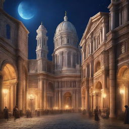 A stunning high fantasy renaissance city featuring grand Roman architecture, illuminated under the night sky