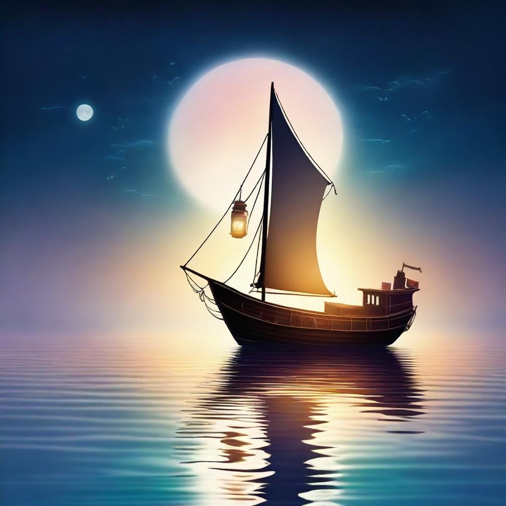 A small fantasy fishing boat sailing under the night sky