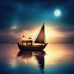 A small fantasy fishing boat sailing under the night sky