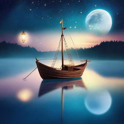 A small fantasy fishing boat sailing under the night sky