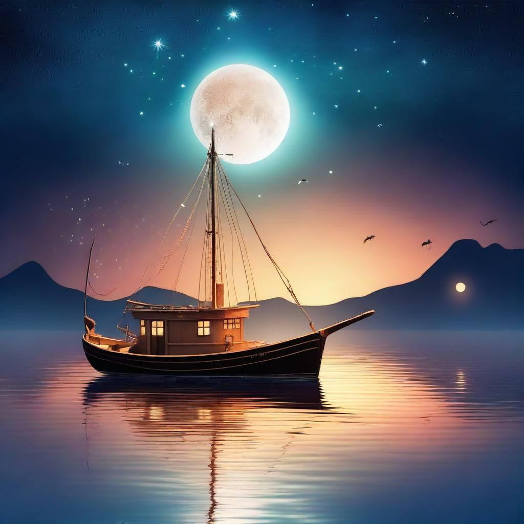 A small fantasy fishing boat sailing under the night sky