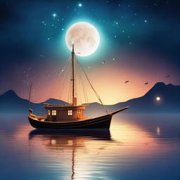 A small fantasy fishing boat sailing under the night sky