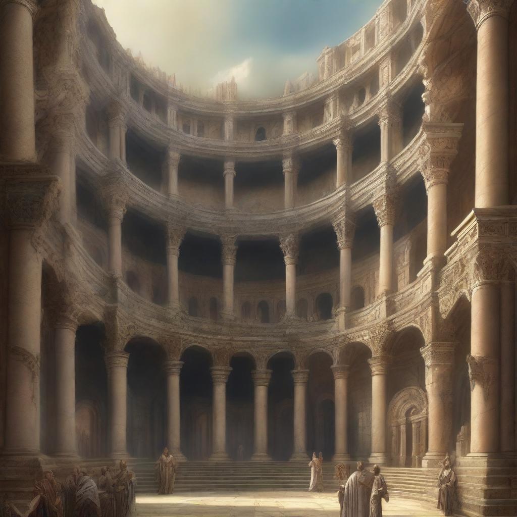 A grand Roman coliseum with high fantasy and renaissance aesthetics, filled with an elven audience