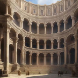 A grand Roman coliseum with high fantasy and renaissance aesthetics, filled with an elven audience