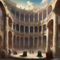 A grand Roman coliseum with high fantasy and renaissance aesthetics, filled with an elven audience