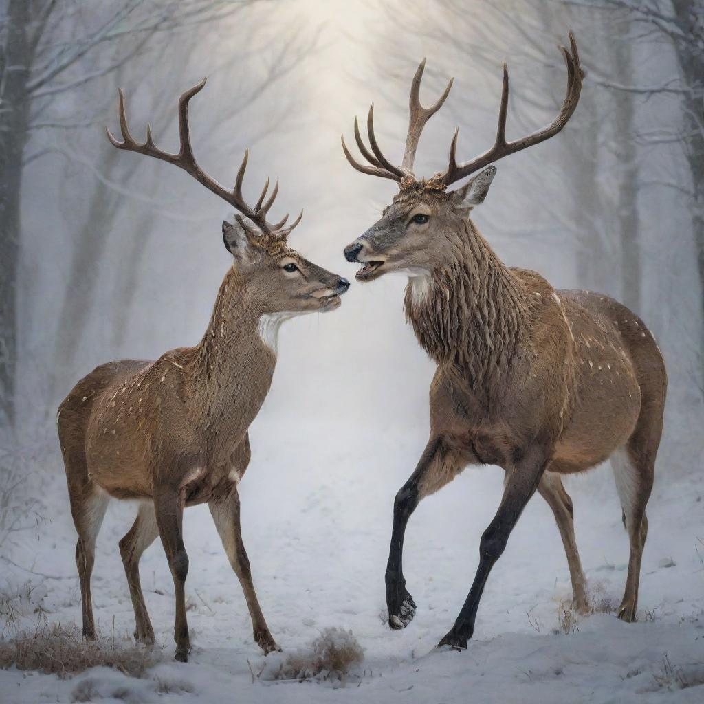 A detailed depiction of a fierce, assertive deer and an aggressive, menacing cat. They are locked in a non-violent clash of wills, bristling with threatening energy, showcasing the wildness of nature.