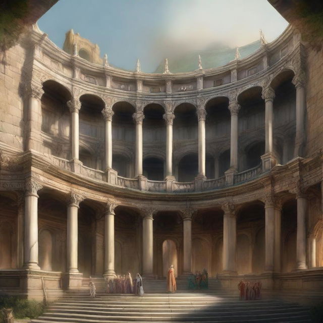 A grand Roman coliseum with high fantasy and renaissance aesthetics, filled with an elven audience