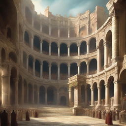 A grand Roman coliseum with high fantasy and renaissance aesthetics, featuring a very large arena filled with an elven audience