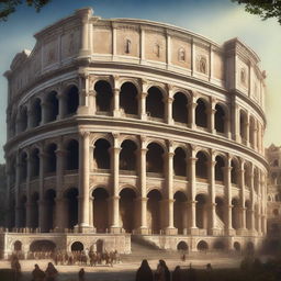 A grand Roman coliseum with high fantasy and renaissance aesthetics, featuring a very large arena filled with an elven audience