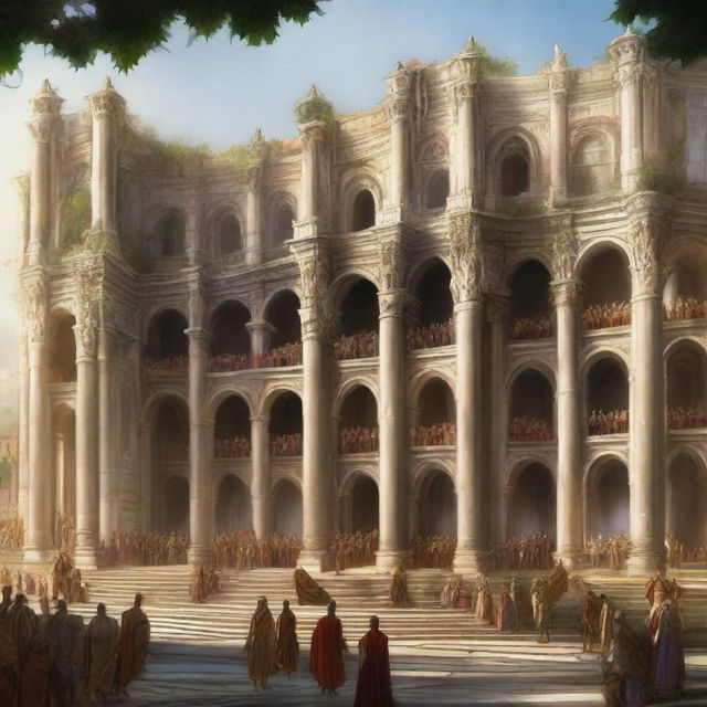 A grand Roman coliseum with high fantasy and renaissance aesthetics, featuring a very large arena filled with an elven audience