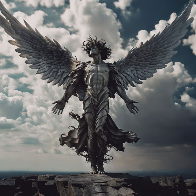 A high-definition, professional photograph of a fallen angel with huge, detailed wings, set against a dramatic sky and infinite horizon