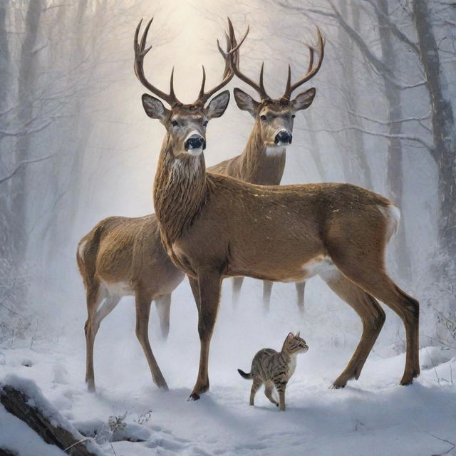 A detailed depiction of a fierce, assertive deer and an aggressive, menacing cat. They are locked in a non-violent clash of wills, bristling with threatening energy, showcasing the wildness of nature.