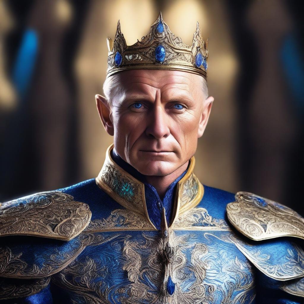 An emperor who is an elf with glowing blue eyes, resembling Daniel Craig