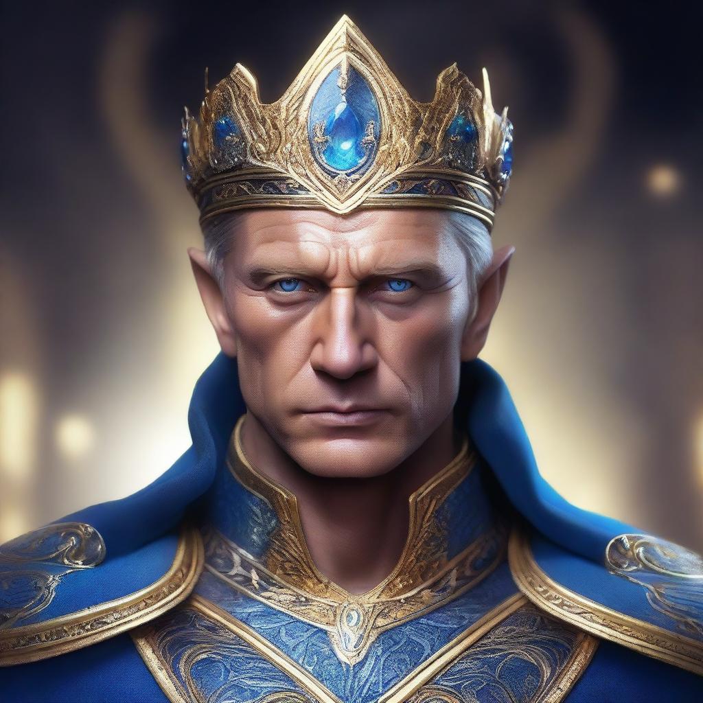 An emperor who is an elf with glowing blue eyes, resembling Daniel Craig