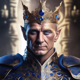 An emperor who is an elf with glowing blue eyes, resembling Daniel Craig