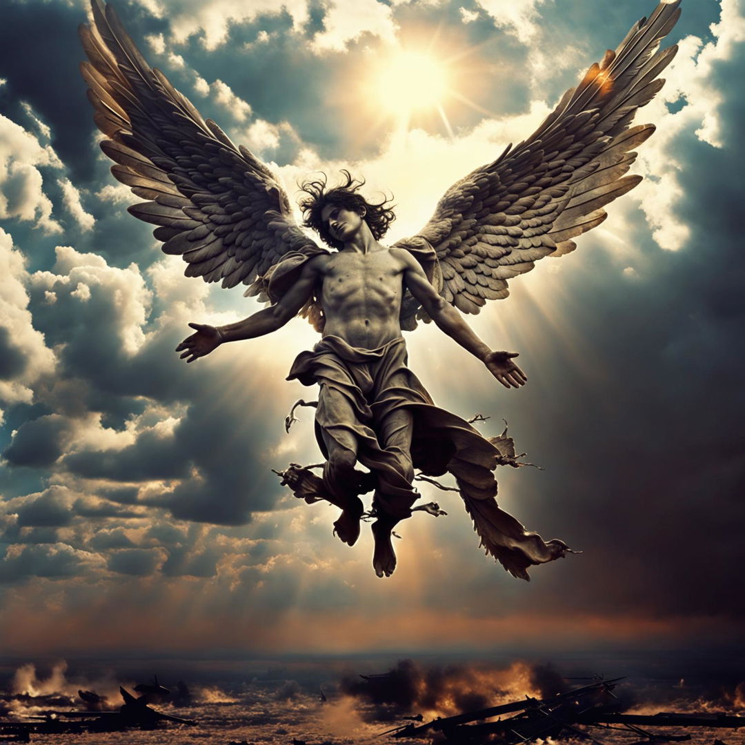 A high-definition photograph of a falling angel with detailed wings against a dramatic, war-torn sky with an infinite horizon and a sun shower, capturing the essence of award-winning historic photojournalism