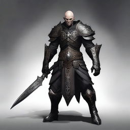 A lean and muscular shadow elf with ashen skin, who is bald and armored in black high fantasy armor