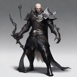 A lean and muscular shadow elf with ashen skin, who is bald and armored in black high fantasy armor