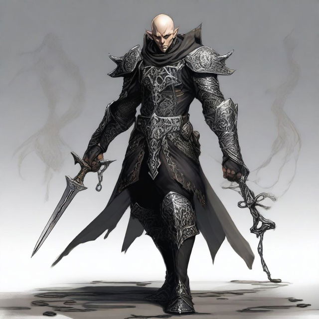 A lean and muscular shadow elf with ashen skin, who is bald and armored in black high fantasy armor