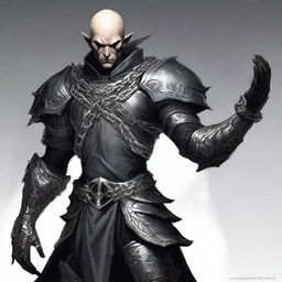 A lean and muscular shadow elf with ashen skin, who is bald and armored in black high fantasy armor