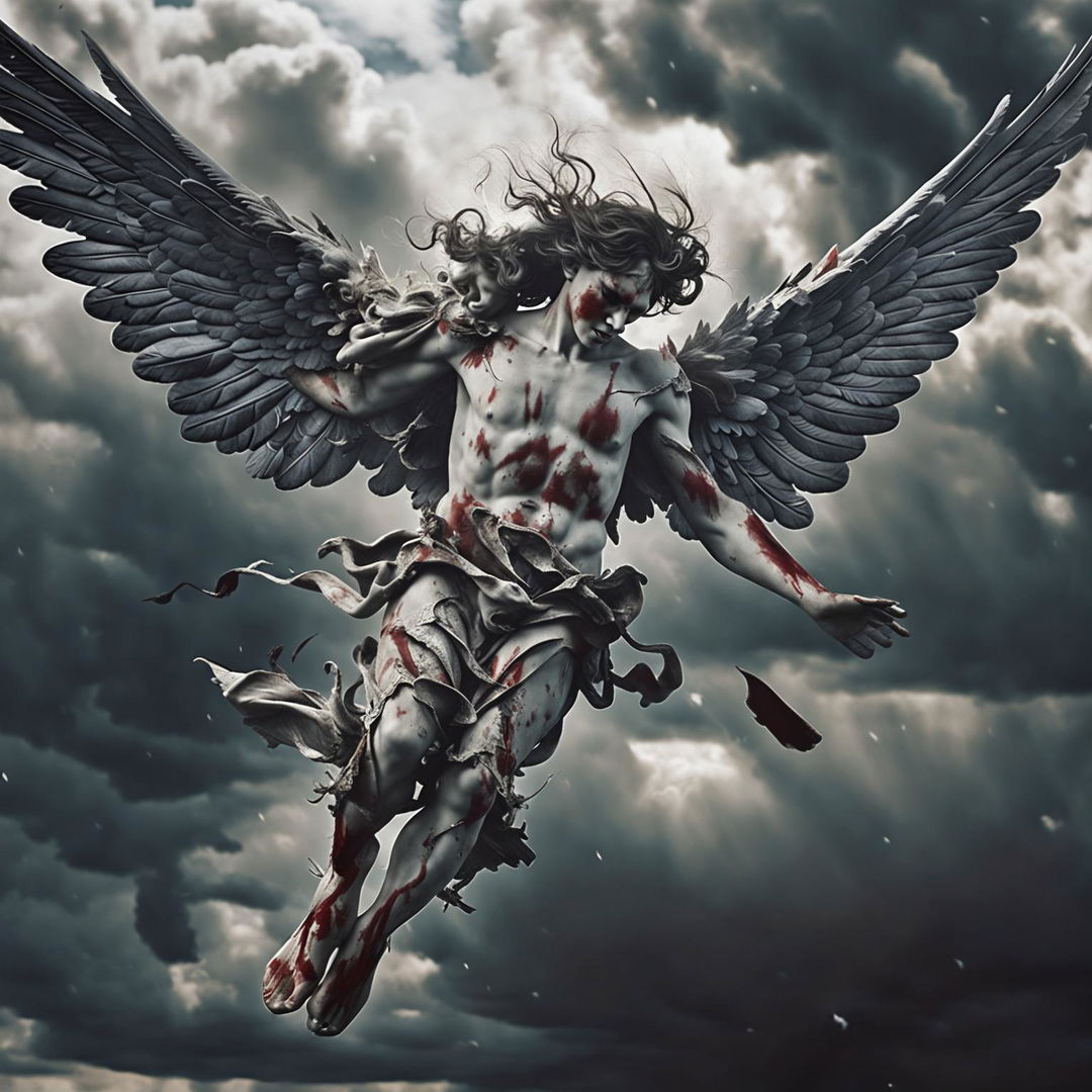 A high-definition, raw photograph of a wounded angel falling backwards from the sky, with detailed, tattered wings, set against a stormy backdrop