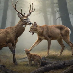 A detailed depiction of a fierce, assertive deer and an aggressive, menacing cat. They are locked in a non-violent clash of wills, bristling with threatening energy, showcasing the wildness of nature.