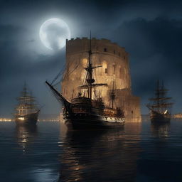 A landscape shot of three large brigandine ships sailing in the dead of night, patrolling a harbor