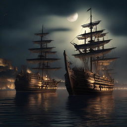 A landscape shot of three large brigandine ships sailing in the dead of night, patrolling a harbor