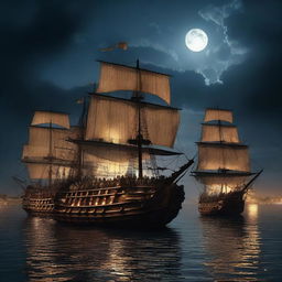 A landscape shot of three large brigandine ships sailing in the dead of night, patrolling a harbor