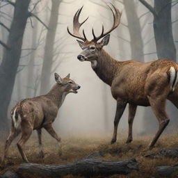 A detailed depiction of a fierce, assertive deer and an aggressive, menacing cat. They are locked in a non-violent clash of wills, bristling with threatening energy, showcasing the wildness of nature.