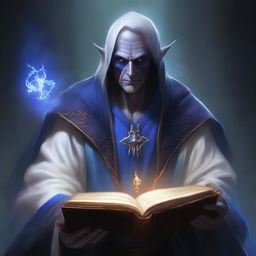 A middle-aged Dark Elf who is a dark wizard, holding a thick tome and dressed in white and blue robes