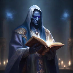 A middle-aged Dark Elf who is a dark wizard, holding a thick tome and dressed in white and blue robes