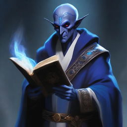 A middle-aged Dark Elf who is a dark wizard, holding a thick tome and dressed in white and blue robes