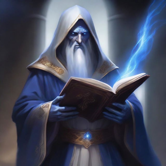 A middle-aged Dark Elf who is a dark wizard, holding a thick tome and dressed in white and blue robes